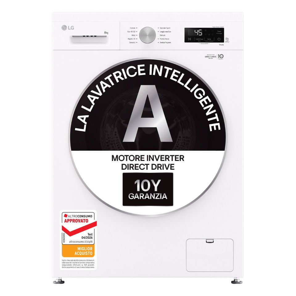 LG F4NX1008NWK Lavatrice smart 8kg, Classe A, 1400 giri, 6 Motion, Allergy Care, Bianca