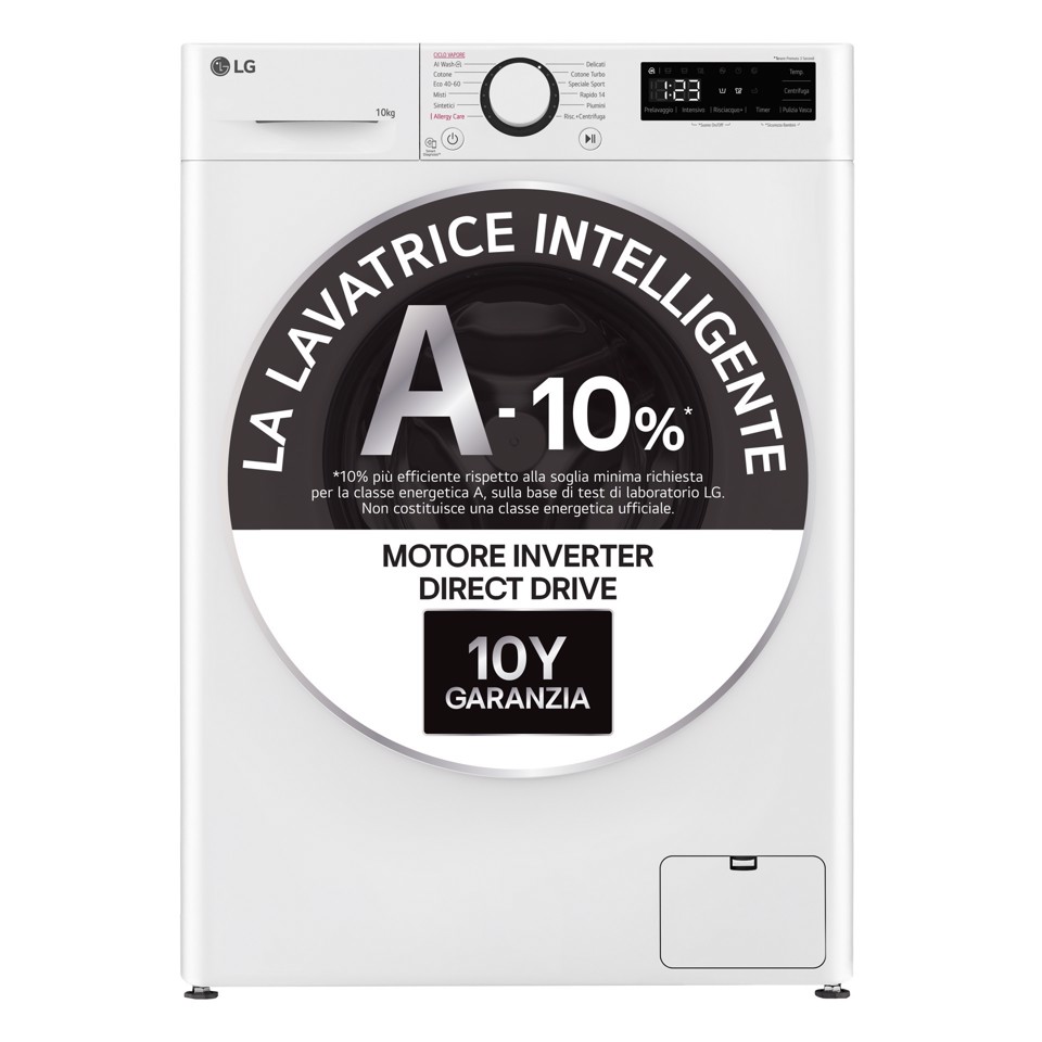 LG F4R3010NSWW Lavatrice 10kg AI DD, Classe A-10%, 1400 giri, Lavaggio a vapore