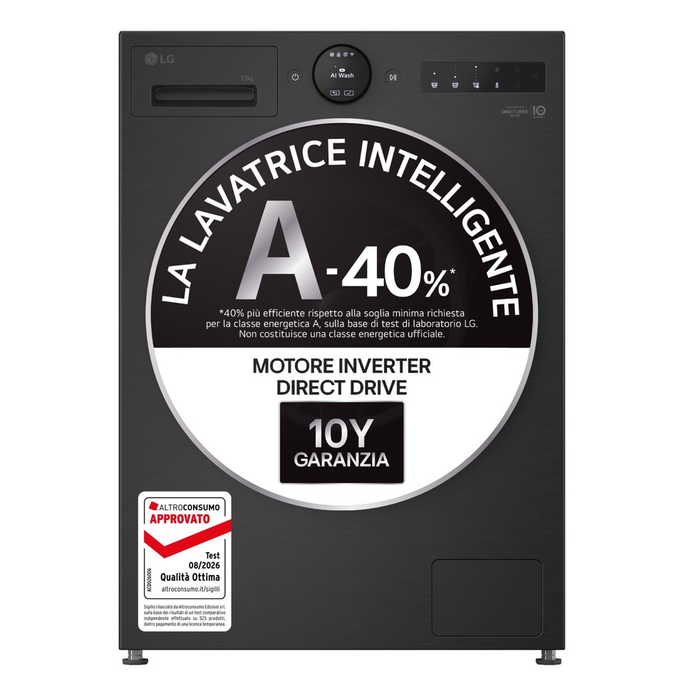 LG F4X7013TBB Lavatrice 13kg AI DD™ Serie X7, Classe A-40%, 1400 giri, Display Easy Circle, Wi-Fi, AI Wash, TurboWash