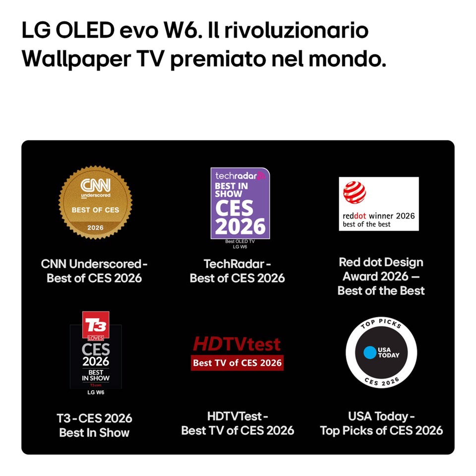 LG OLED evo AI Wallpaper TV 77'' W6 OLED77W69LA, 4K, spessore 9,9mm, True Wireless, Staffe filo muro SMART TV 2026