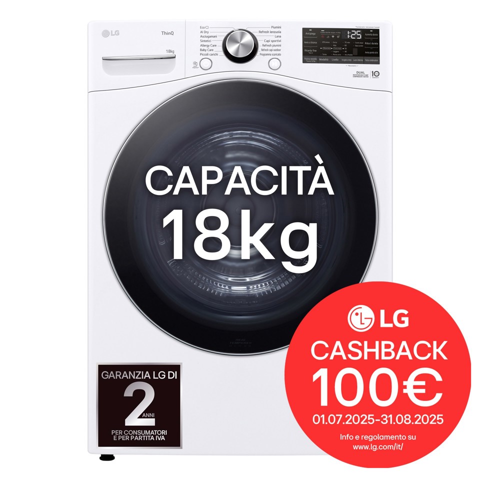 LG RH18U8AVCW Asciugatrice 18kg Pompa di calore DUAL Inverter Classe D, Motore Direct Drive, AI Dry, Wi-Fi, Bianca