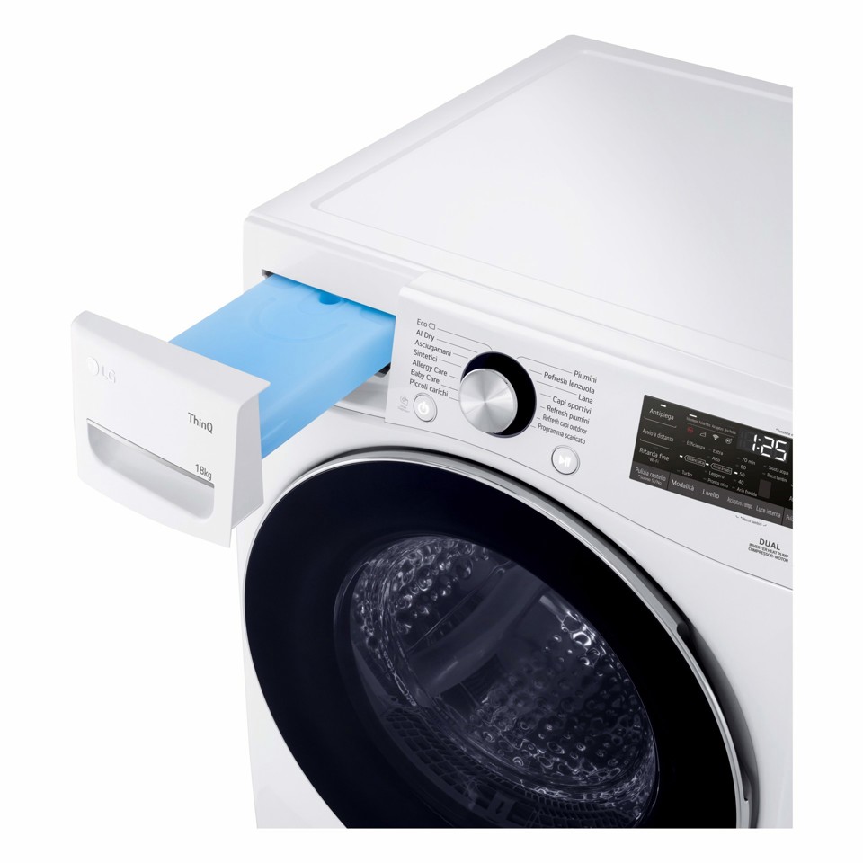 LG RH18U8AVCW Asciugatrice 18kg Pompa di calore DUAL Inverter Classe D, Motore Direct Drive, AI Dry, Wi-Fi, Bianca