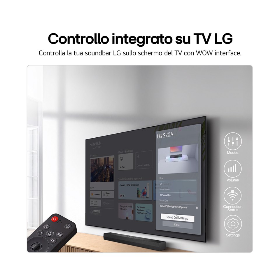 LG Soundbar S20A, 50W su 2.0 canali, Dolby Digital, DTS, AI Sound Pro, HDMI ARC, Bluetooth, USB