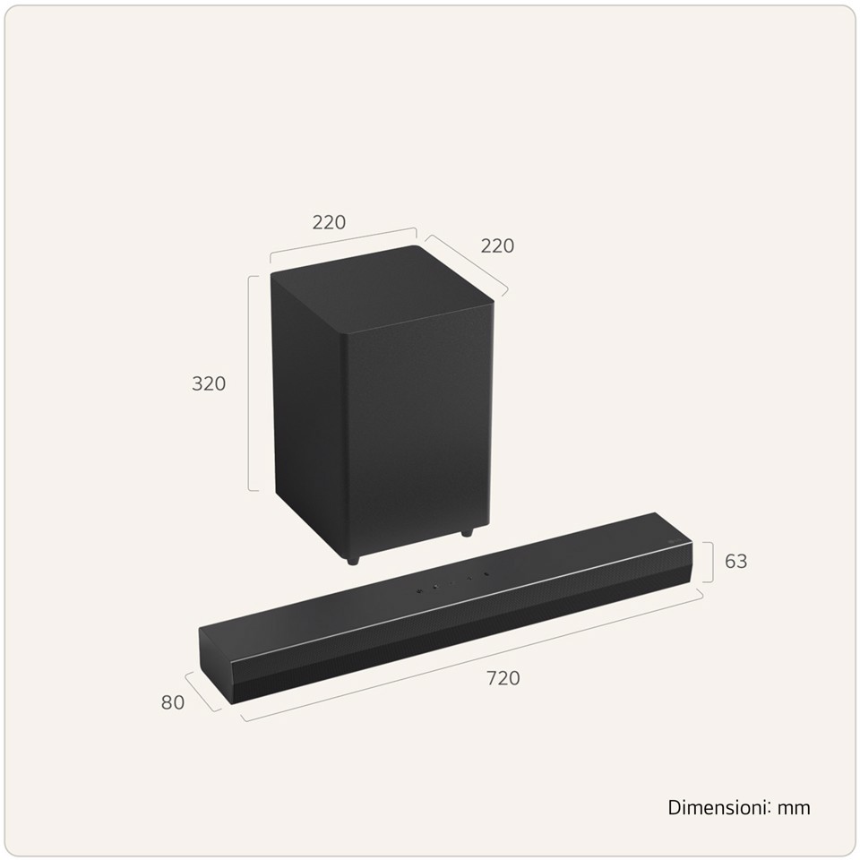 LG Soundbar S30A, 140W su 2.1 canali, Dolby Digital, DTS, Subwoofer wireless, AI Sound Pro, HDMI ARC, Bluetooth, USB