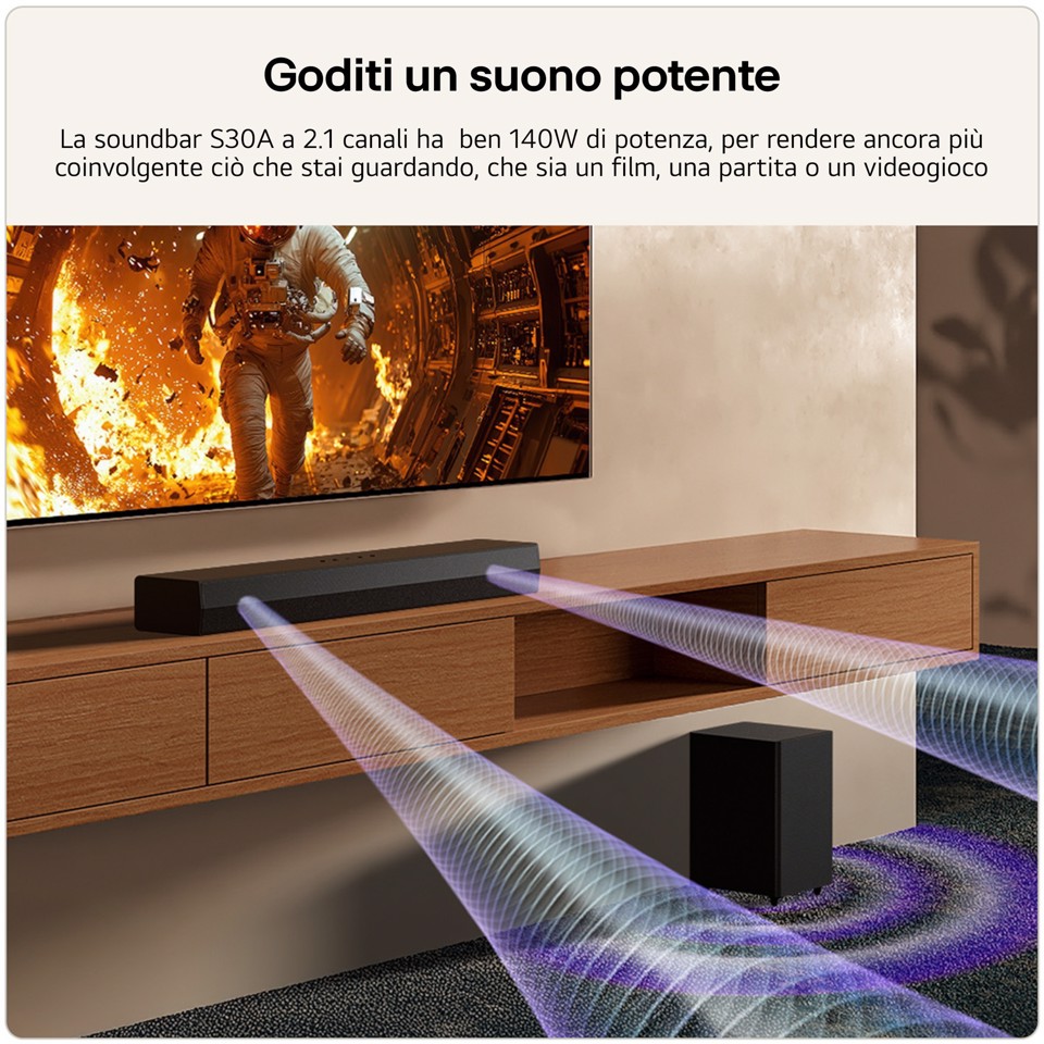 LG Soundbar S30A, 140W su 2.1 canali, Dolby Digital, DTS, Subwoofer wireless, AI Sound Pro, HDMI ARC, Bluetooth, USB