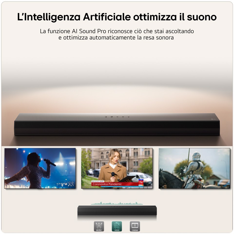 LG Soundbar S30A, 140W su 2.1 canali, Dolby Digital, DTS, Subwoofer wireless, AI Sound Pro, HDMI ARC, Bluetooth, USB