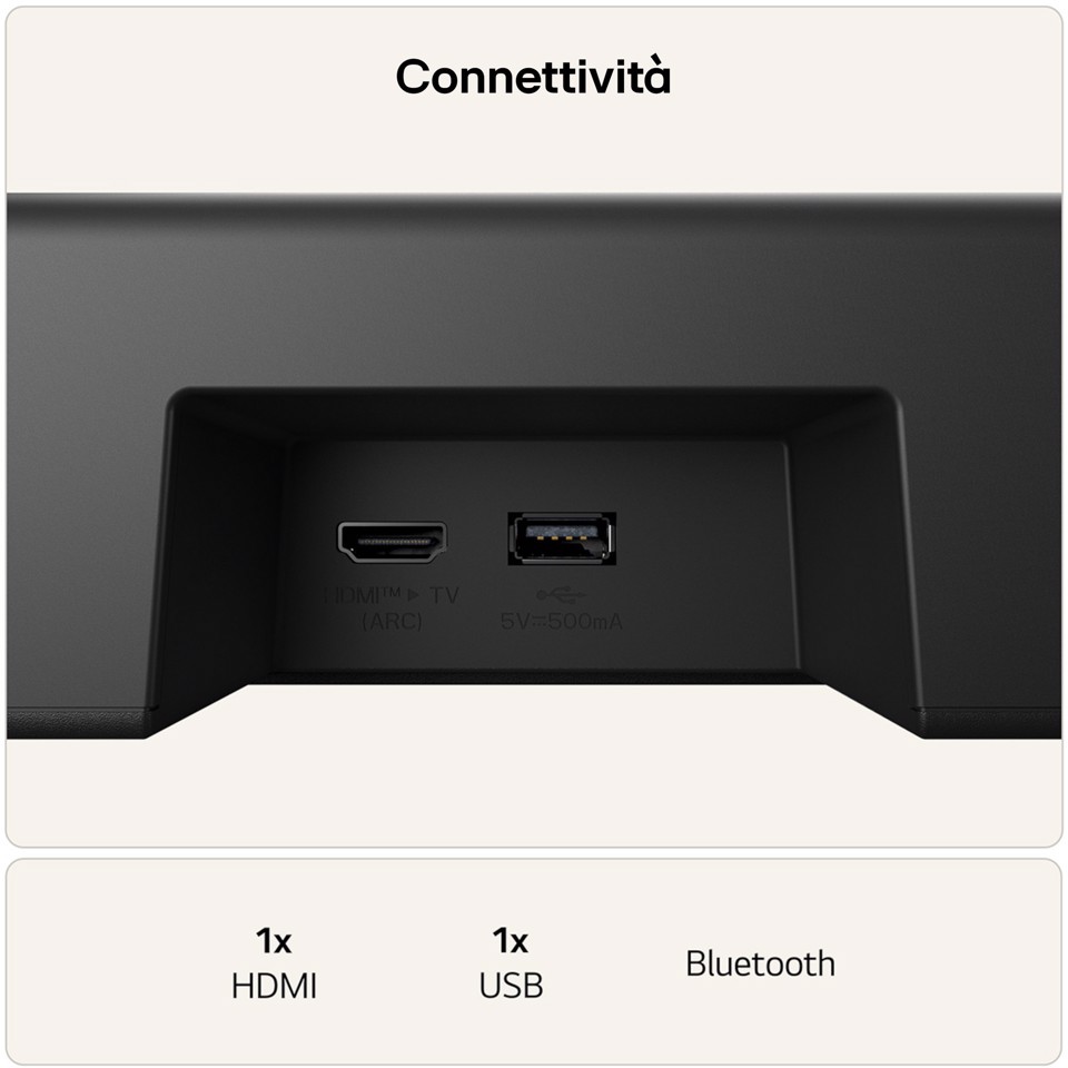 LG Soundbar S30A, 140W su 2.1 canali, Dolby Digital, DTS, Subwoofer wireless, AI Sound Pro, HDMI ARC, Bluetooth, USB