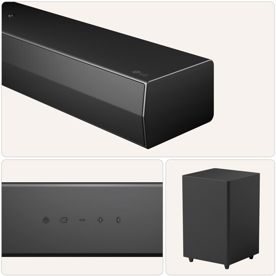 LG Soundbar S30A, 140W su 2.1 canali, Dolby Digital, DTS, Subwoofer wireless, AI Sound Pro, HDMI ARC, Bluetooth, USB