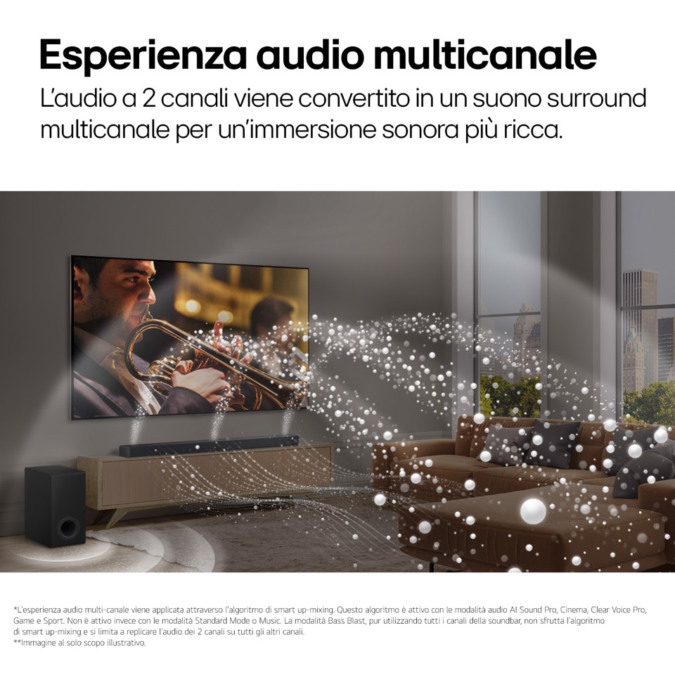 LG Soundbar S70TY, 400W su 3.1.1 canali, Dolby Atmos, DTS:X, Speaker centrale up-firing