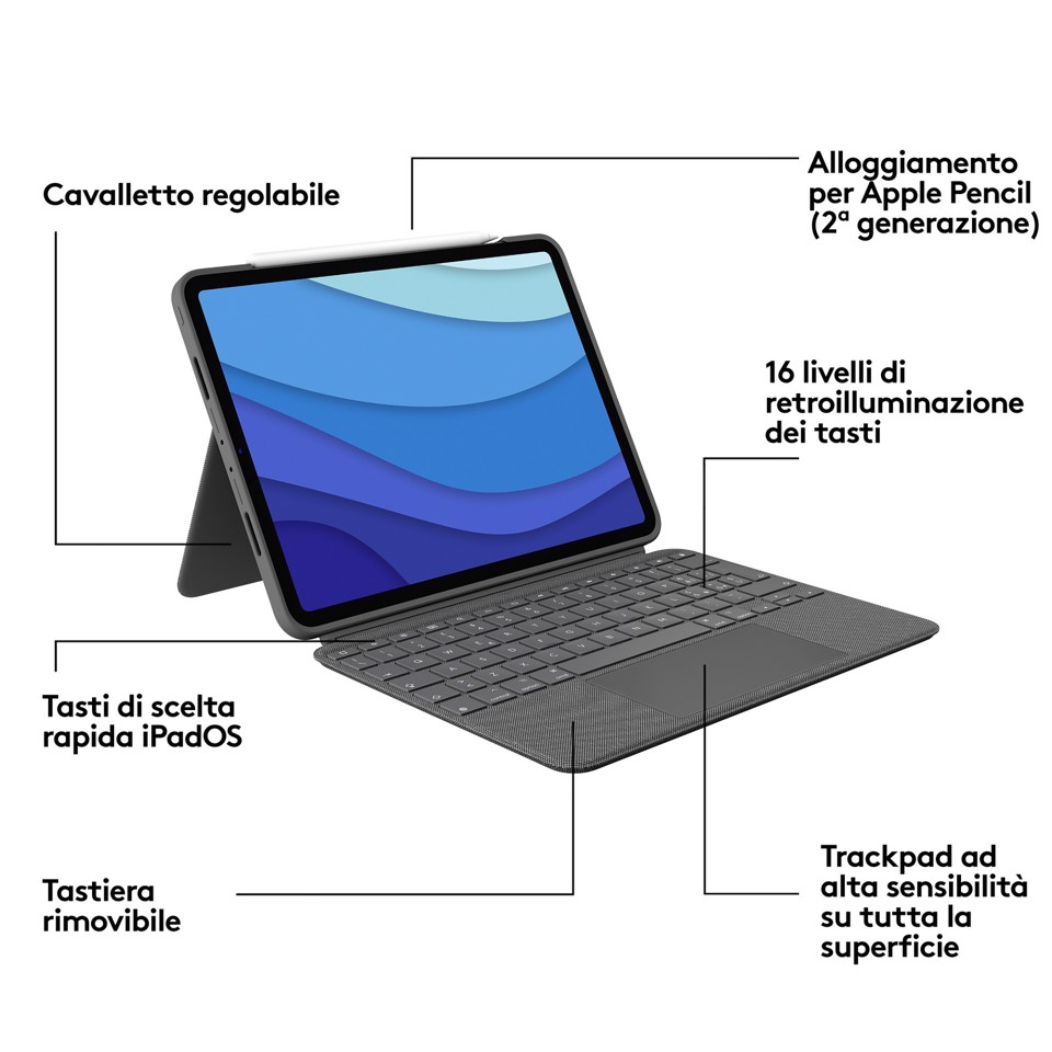 Logitech Combo Touch Custodia con Tastiera per iPad Pro 11 pollici (1a, 2a, 3a gen - 2018, 2020, 2021) - Tastiera Retroilluminata Rimovibile, Trackpad, Smart Connector - Grigio