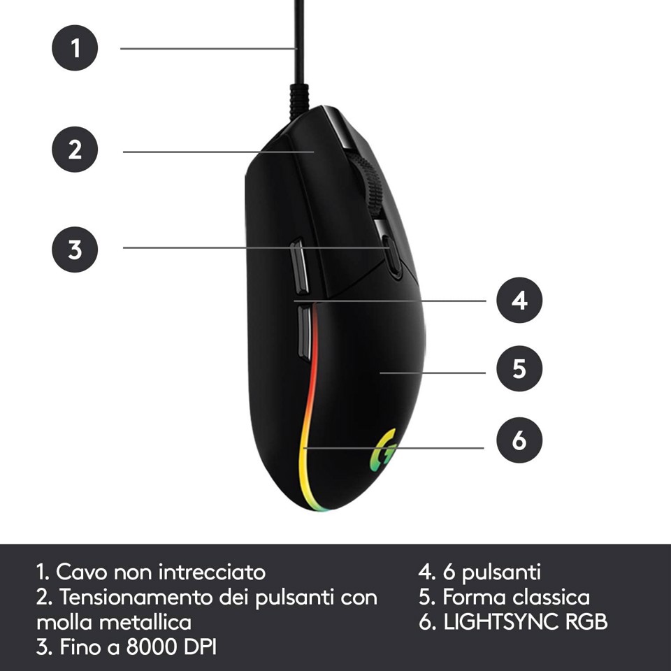 Logitech G G203 LIGHTSYNC mouse gaming a filo