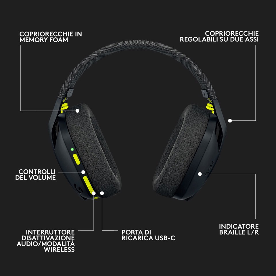 Logitech G Logitech G435 LIGHTSPEED Cuffie Gaming Wireless Bluetooth - Cuffie Over Ear Leggere, Microfoni Integrati, Batteria da 18 Ore, Compatibile con Dolby Atmos, PC, PS4, PS5, Smartphone. Nero