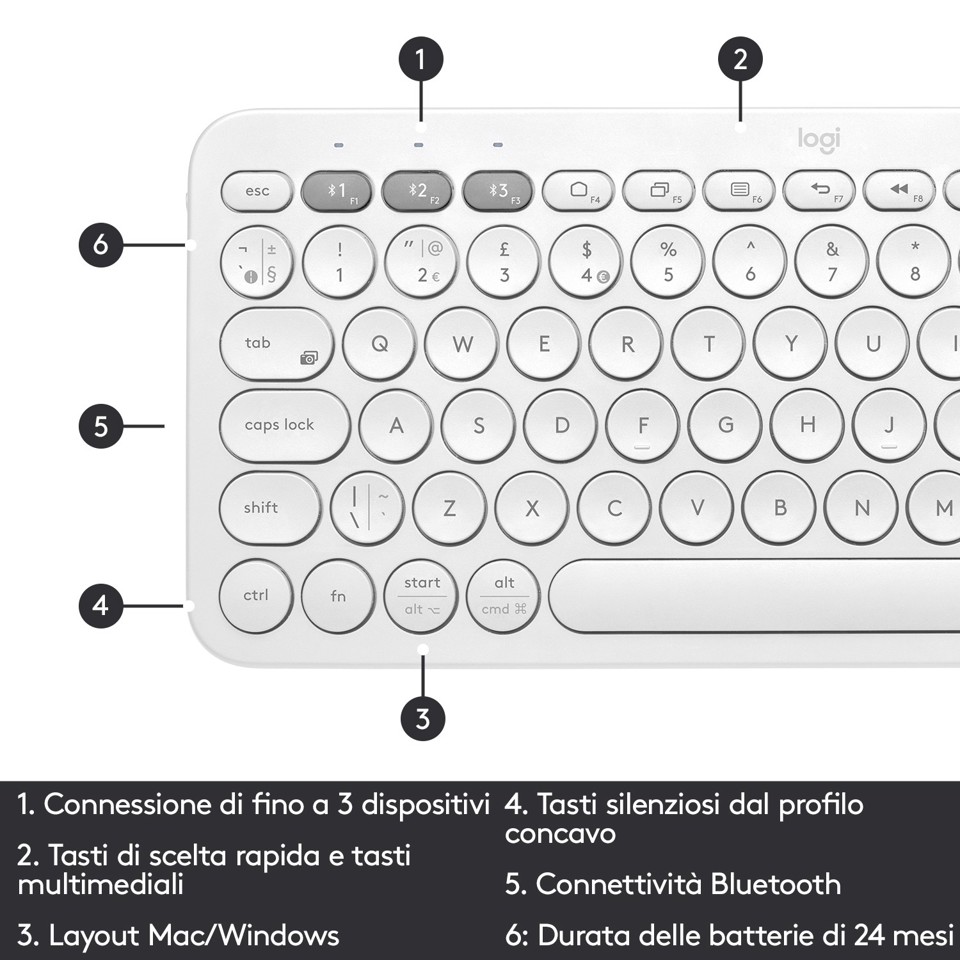 Logitech K380 Multi-Device Tastiera Bluetooth Wireless, Design Easy-Switch, Sottile, Portatile, 2 Anni di Batteria, Funziona con PC, Laptop, Windows, Mac, Android, iPad OS, Apple TV. Bianco