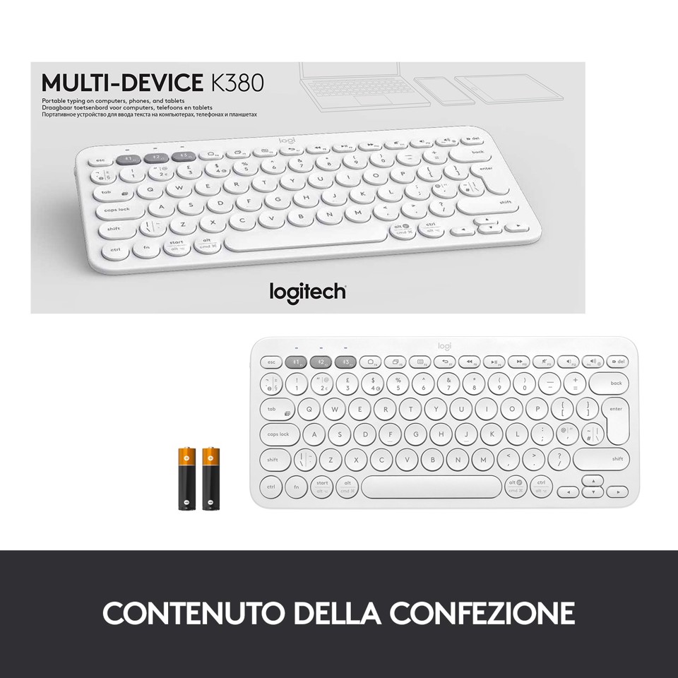 Logitech K380 Multi-Device Tastiera Bluetooth Wireless, Design Easy-Switch, Sottile, Portatile, 2 Anni di Batteria, Funziona con PC, Laptop, Windows, Mac, Android, iPad OS, Apple TV. Bianco