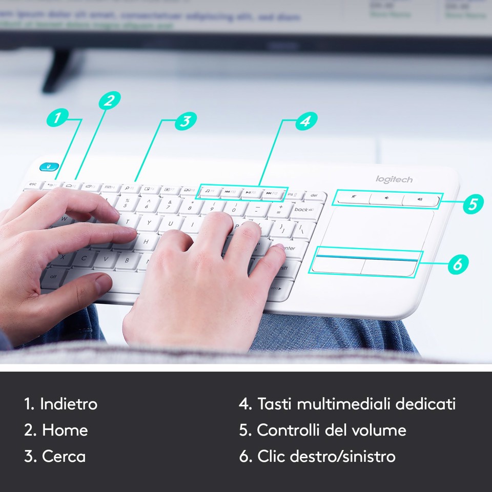 Logitech K400 Plus Tastiera Wireless Touch TV, Facili Controlli Multimediali e Touchpad Integrato, Tastiera HTPC per TV Collegata al PC, Windows, Android, Chrome OS, Laptop, Tablet