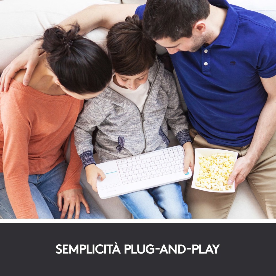 Logitech K400 Plus Tastiera Wireless Touch TV, Facili Controlli Multimediali e Touchpad Integrato, Tastiera HTPC per TV Collegata al PC, Windows, Android, Chrome OS, Laptop, Tablet