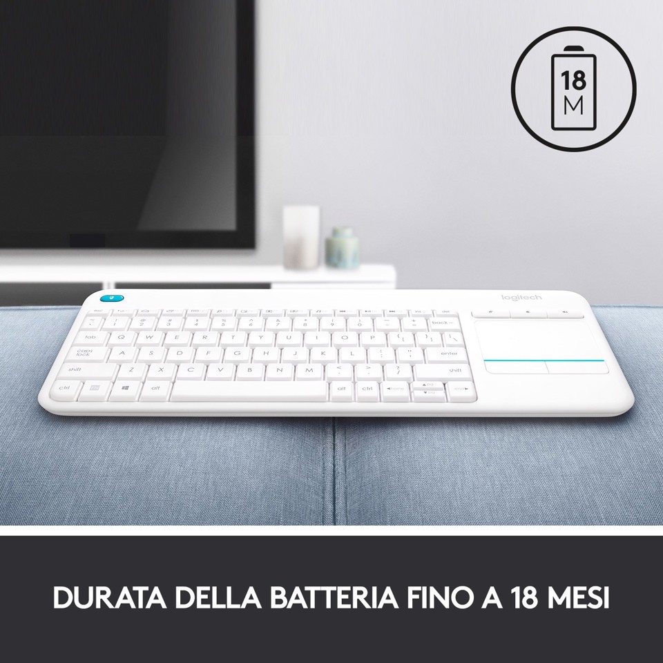 Logitech K400 Plus Tastiera Wireless Touch TV, Facili Controlli Multimediali e Touchpad Integrato, Tastiera HTPC per TV Collegata al PC, Windows, Android, Chrome OS, Laptop, Tablet