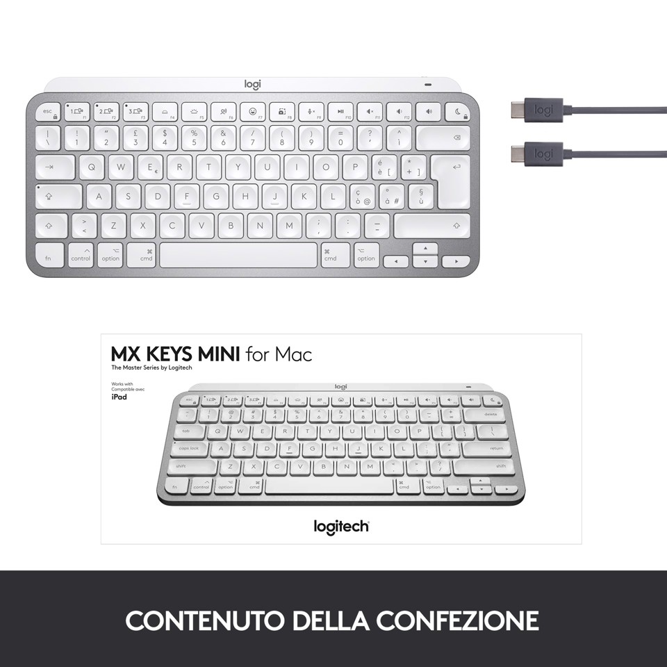 Logitech MX Keys Mini per Mac Tastiera Wireless, Minimal, Compatta, Bluetooth, Tasti Retroilluminati, USB-C, Digitazione Tattile, Compatibile con Apple macOS, iPad OS, in Metallo