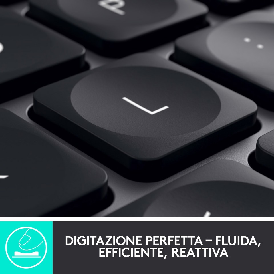Logitech , MX Keys, tastiera wireless avanzata con illuminazione, digitazione reattiva, retroilluminazione, Bluetooth, USB-C, Apple, macOS, Microsoft Windows, Linux, iOS, Android, struttura in metallo