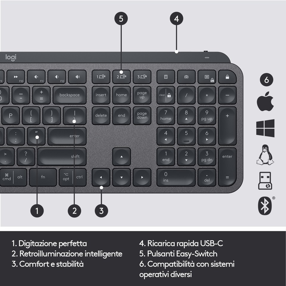 Logitech , MX Keys, tastiera wireless avanzata con illuminazione, digitazione reattiva, retroilluminazione, Bluetooth, USB-C, Apple, macOS, Microsoft Windows, Linux, iOS, Android, struttura in metallo