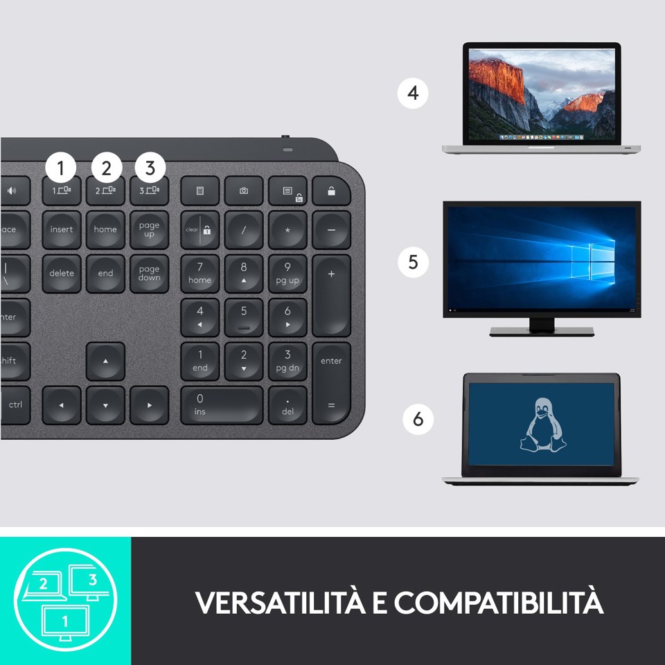 Logitech , MX Keys, tastiera wireless avanzata con illuminazione, digitazione reattiva, retroilluminazione, Bluetooth, USB-C, Apple, macOS, Microsoft Windows, Linux, iOS, Android, struttura in metallo