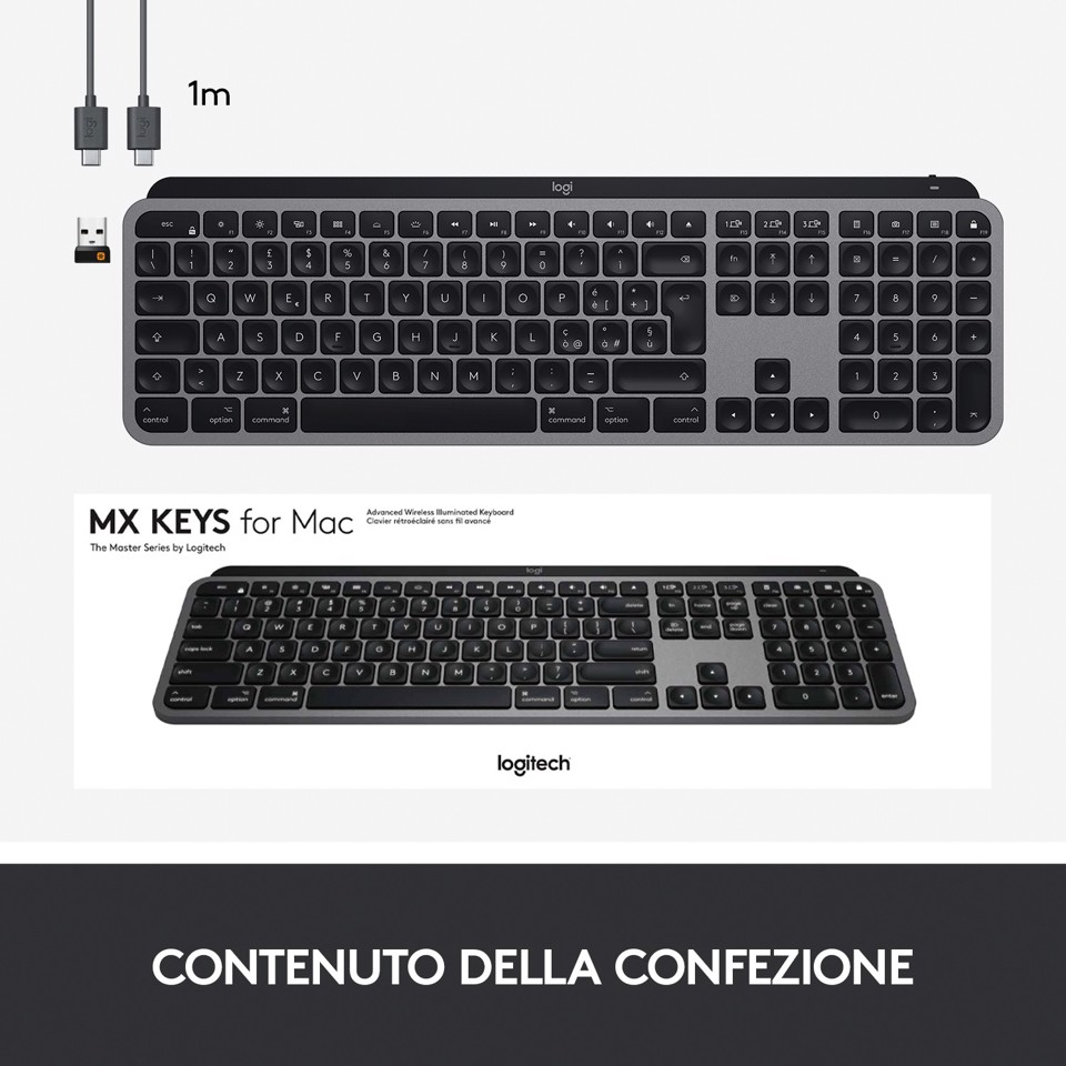 Logitech MX Keys Tastiera Wireless Illuminata Avanzata per Mac, Digitazione Tattile, Tasti Retroilluminati a LED, Bluetooth, USB-C, Batteria 10 giorni, Apple macOS, Struttura Metallica