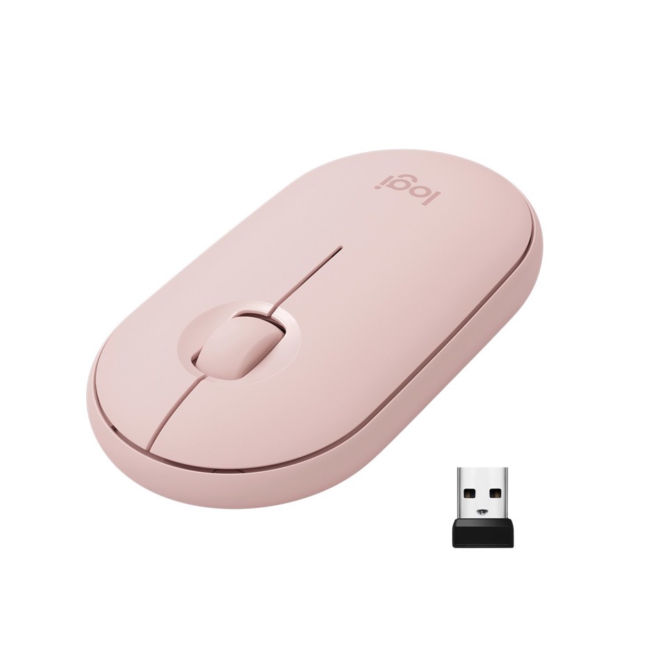 Logitech Pebble, mouse wireless con Bluetooth o ricevitore da 2,4 GHz, mouse per computer con clic silenzioso per laptop, notebook, iPad, PC e Mac. Rosa