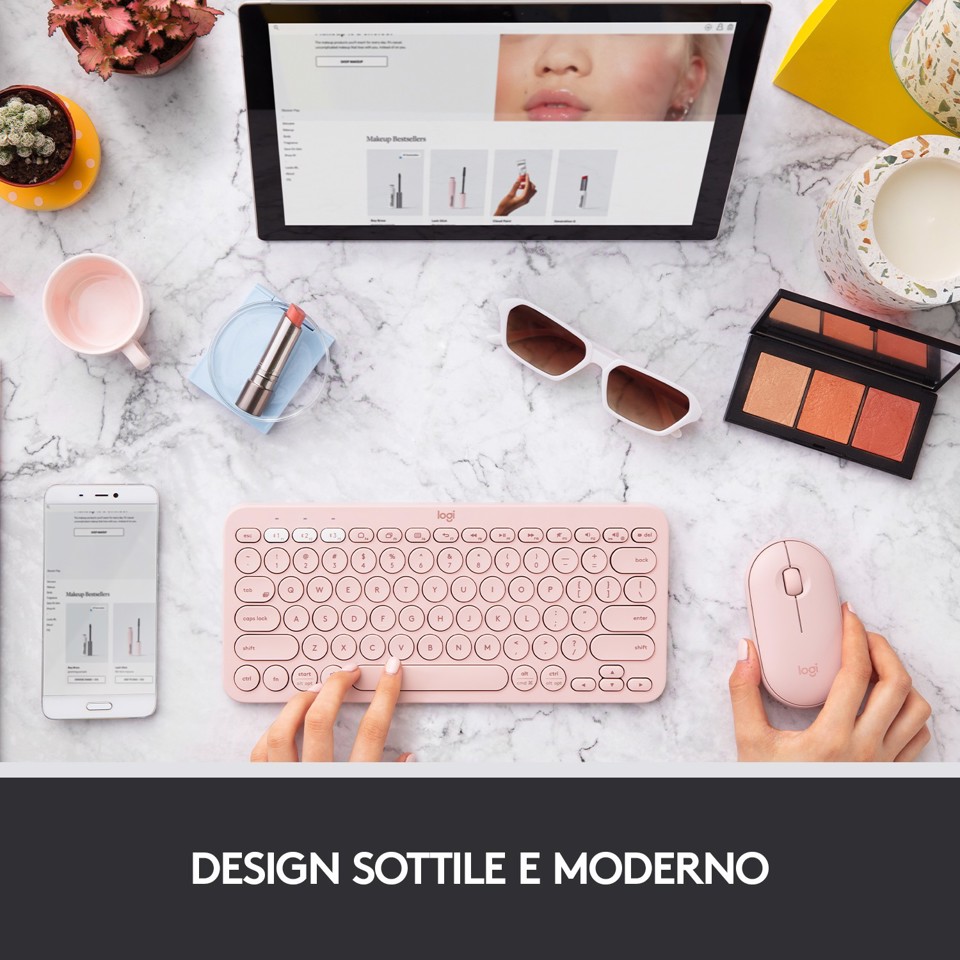 Logitech Pebble, mouse wireless con Bluetooth o ricevitore da 2,4 GHz, mouse per computer con clic silenzioso per laptop, notebook, iPad, PC e Mac. Rosa