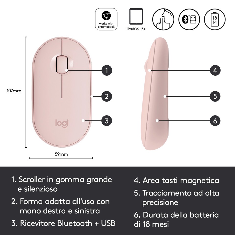 Logitech Pebble, mouse wireless con Bluetooth o ricevitore da 2,4 GHz, mouse per computer con clic silenzioso per laptop, notebook, iPad, PC e Mac. Rosa