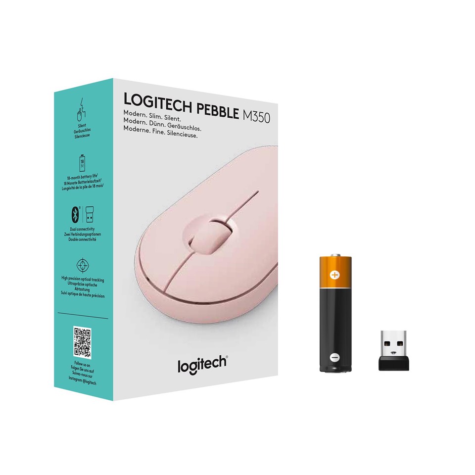 Logitech Pebble, mouse wireless con Bluetooth o ricevitore da 2,4 GHz, mouse per computer con clic silenzioso per laptop, notebook, iPad, PC e Mac. Rosa