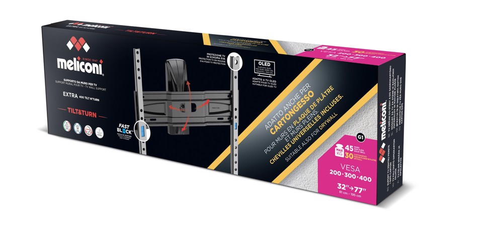 Meliconi Extra 400 Tilt N Turn CG Supporto TV a parete ANCHE per cartongesso 195,6 cm (32-77") Nero