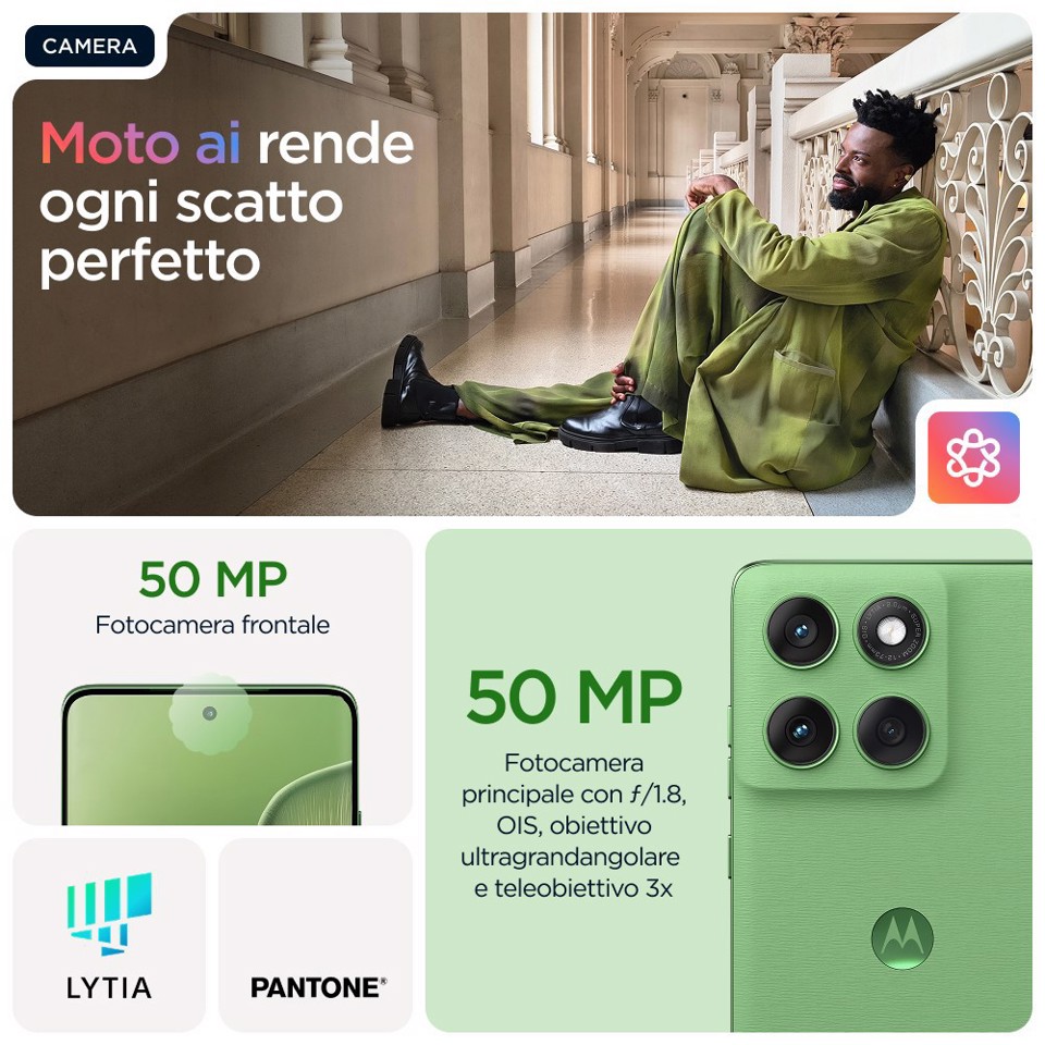 Motorola edge 60 con Moto AI (8/256GB, Fotocamera 50+50+10MP, selfie 50MP, Display 6.67" pOLED 120Hz, MediaTek Dimensity 24M, batteria 5200mAh, ricarica 68W, Android 15), PANTONE Shamrock