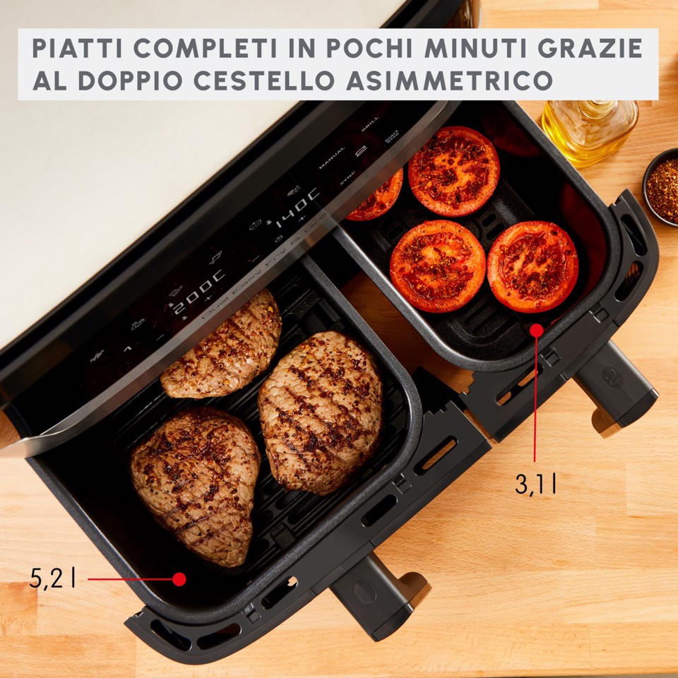 Moulinex Dual Easy Fry & Grill, Capacità 8,3 L, Doppio Cestello, Friggitrice ad Aria e Griglia, 8 Programmi Preimpostati, Componenti Lavabili In Lavastoviglie, Infinite Ricette, App Dedicata, EZ905D