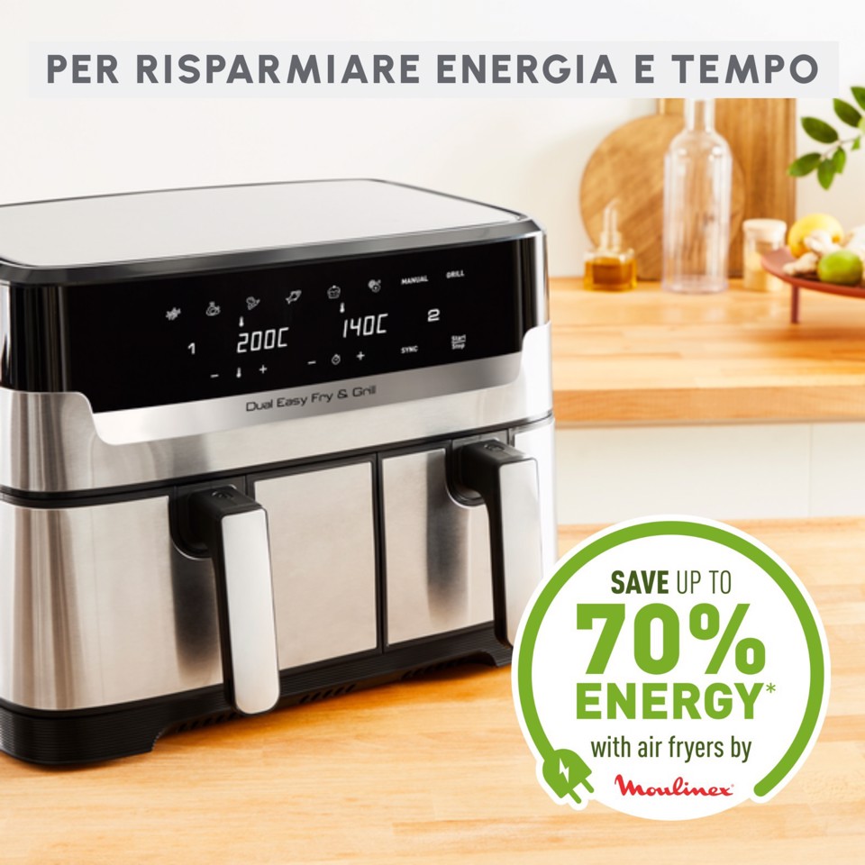 Moulinex Dual Easy Fry & Grill, Capacità 8,3 L, Doppio Cestello, Friggitrice ad Aria e Griglia, 8 Programmi Preimpostati, Componenti Lavabili In Lavastoviglie, Infinite Ricette, App Dedicata, EZ905D