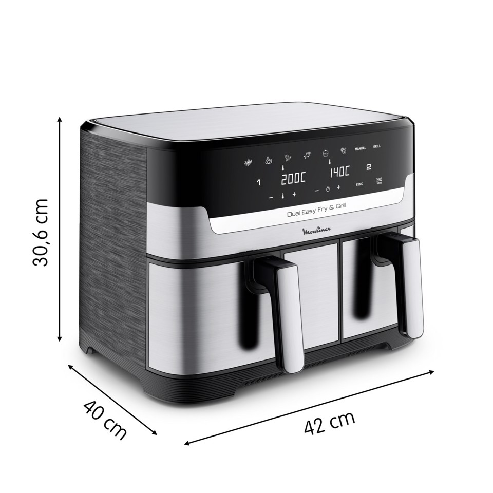 Moulinex Dual Easy Fry & Grill, Capacità 8,3 L, Doppio Cestello, Friggitrice ad Aria e Griglia, 8 Programmi Preimpostati, Componenti Lavabili In Lavastoviglie, Infinite Ricette, App Dedicata, EZ905D