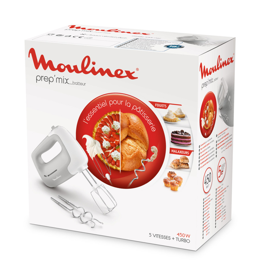 Moulinex HM450 PrepMix, Sbattitore Elettrico, Potenza di 450 W, 5 Velocità Regolabili e un Pulsante Turbo, 2 Lame in Acciaio Inox, 2 Ganci Impastatori, Utilizzo Confortevole, Bianco e Grigio