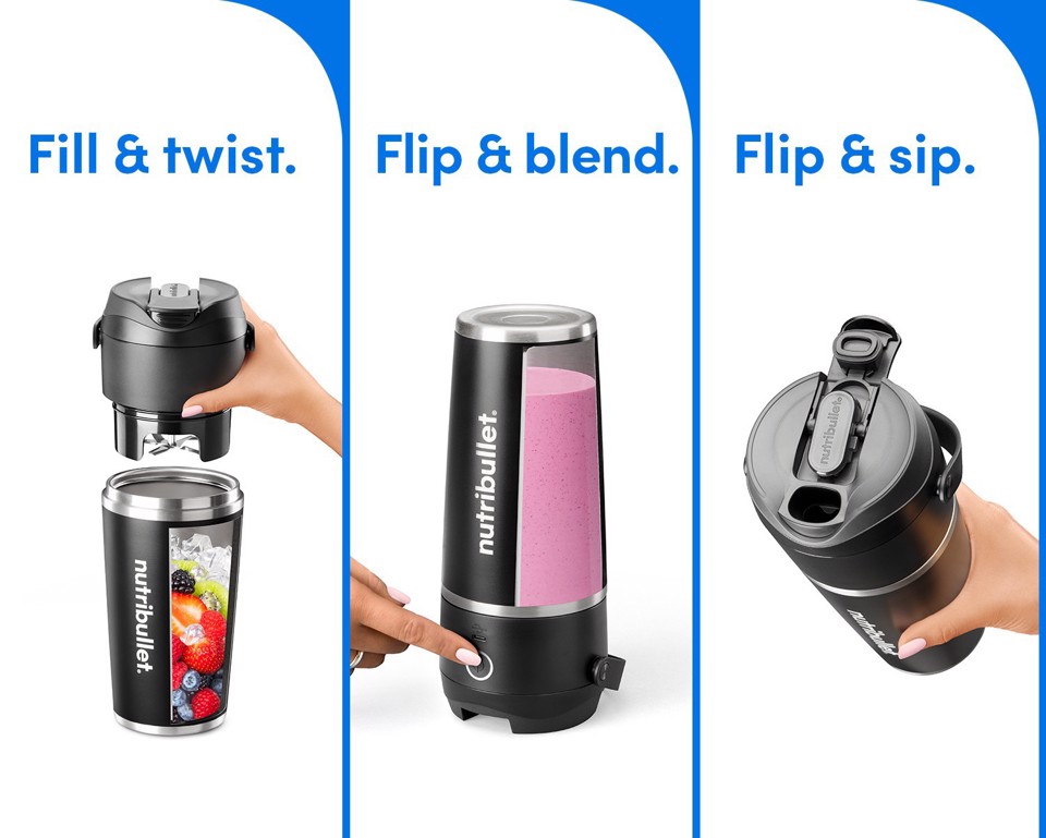 NutriBullet Flip – Frullatore Compatto, Ricaricabile USB-C, Mantenimento Freddo 24h, Smoothie Maker, Nero (NBP016B)
