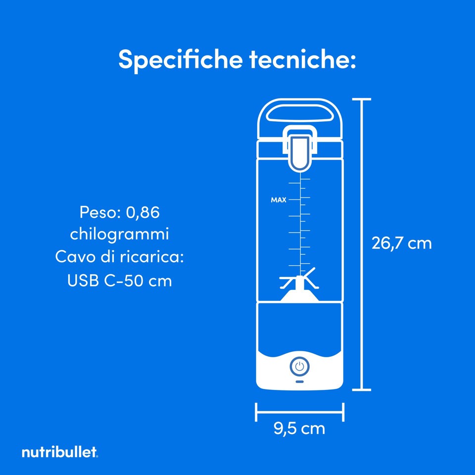 NutriBullet Portable – Mini Frullatore Compatto e Portatile, Ricaricabile USB-C, Smoothie Maker, Bianco (NBP003W)