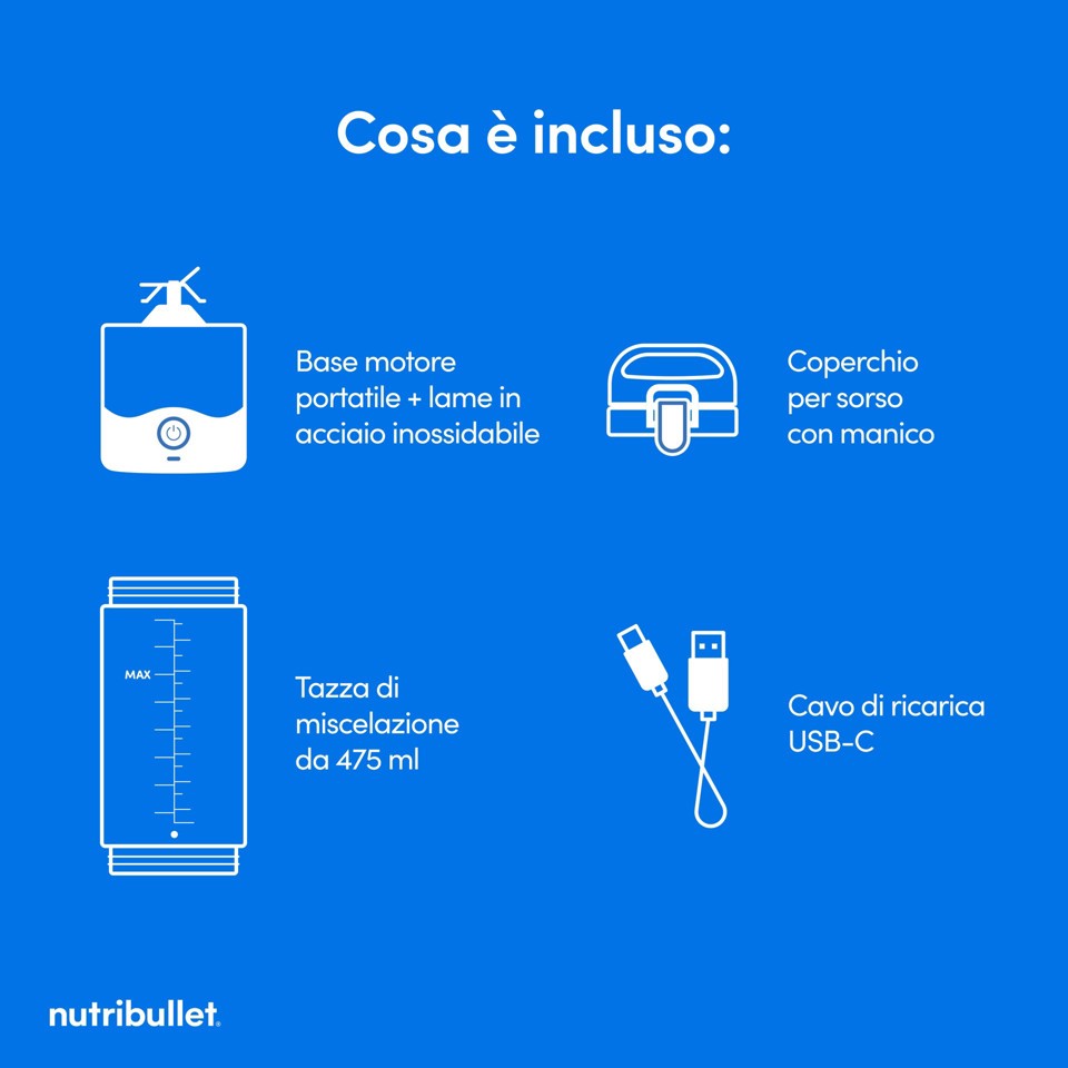 NutriBullet Portable – Mini Frullatore Compatto e Portatile, Ricaricabile USB-C, Smoothie Maker, Bianco (NBP003W)