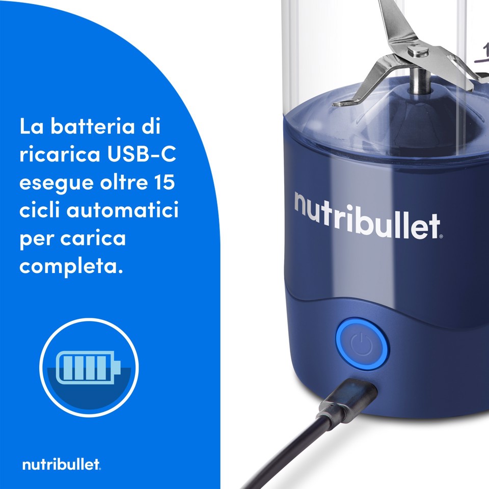 NutriBullet Portable – Mini Frullatore Compatto e Portatile, Ricaricabile USB-C, Smoothie Maker, Blu (NBP003NBL)
