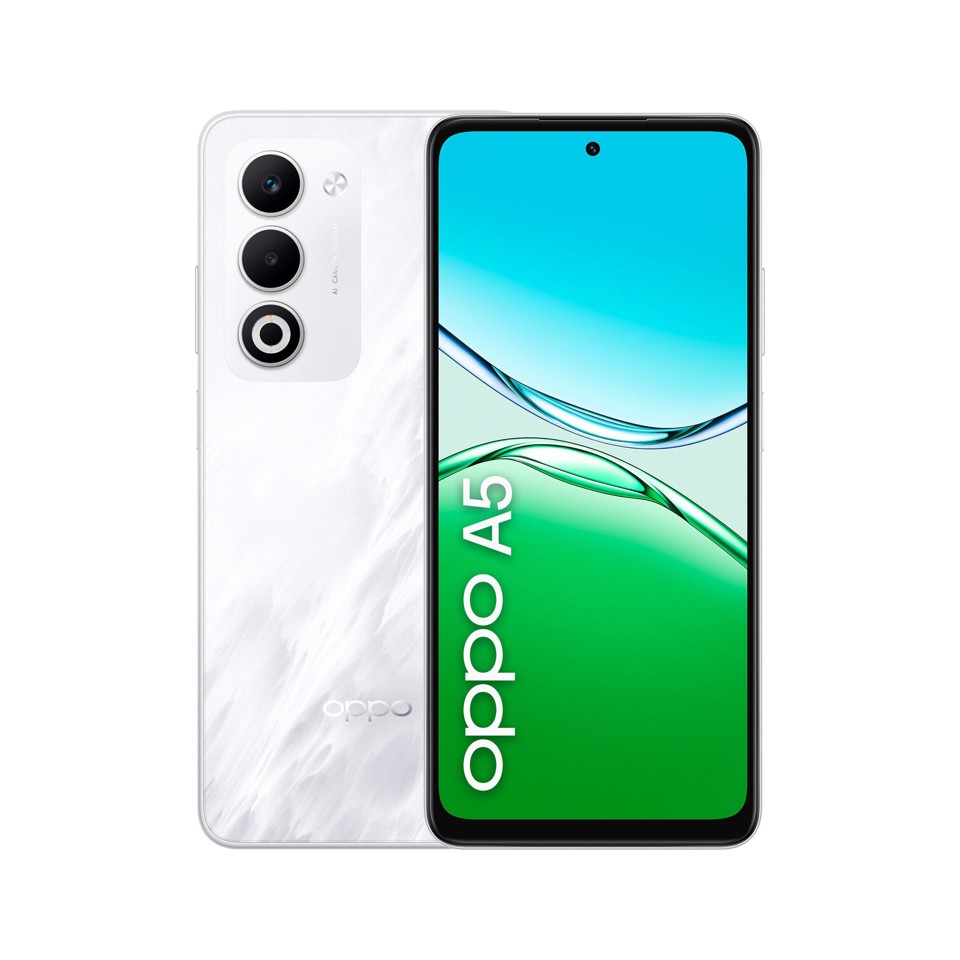 OPPO A5 Smartphone, Foto AI 50MP, Frontale 5MP, Display 6.67” 90HZ LCD HD+, 6000mAh, RAM 6(Esp2GB/4GB/6GB)+ROM 128GB (esp1TB), IP65, [Versione Italia], Mist White