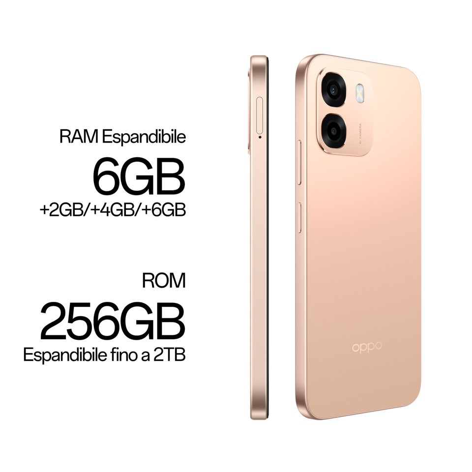 OPPO A6 AI Smartphone, doppia fotocamera 50MP+2, Selfie 8MP, Display 6.75” 120HZ IPS HD+, 6550mAh, RAM 6GB(Esp2GB/4GB/6GB)+ROM 256GB [Versione Italia], Aurora Gold