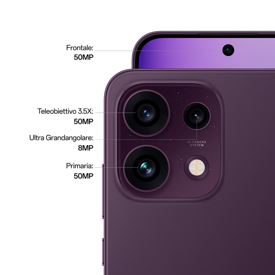 OPPO Reno16 F 5G AI Smartphone, Tripla fotocamera 50+8+50MP, Selfie 50MP, Display 6.57” 120HZ AMOLED FHD+, 6500mAh, RAM 8GB(Esp2GB/4GB/8GB)+ROM 256GB [Versione Italia], Purple Black