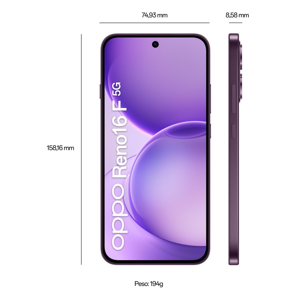 OPPO Reno16 F 5G AI Smartphone, Tripla fotocamera 50+8+50MP, Selfie 50MP, Display 6.57” 120HZ AMOLED FHD+, 6500mAh, RAM 8GB(Esp2GB/4GB/8GB)+ROM 256GB [Versione Italia], Purple Black