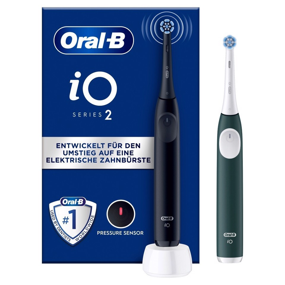 Oral-B iO 2 Spazzolino Elettrico Oral B, Nero e Verde, 1 Testina Di Ricambio, 2 Spazzolini, Delicato sulle Gengive, Efficace sulla placca, Sensore di Pressione