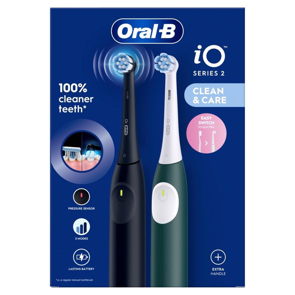 Oral-B iO 2 Spazzolino Elettrico Oral B, Nero e Verde, 1 Testina Di Ricambio, 2 Spazzolini, Delicato sulle Gengive, Efficace sulla placca, Sensore di Pressione