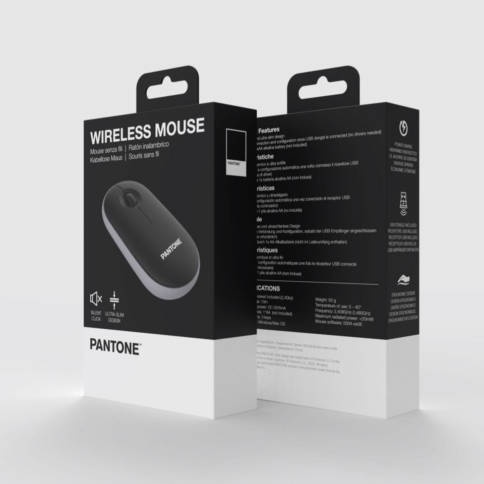 Pantone PT-MS001BK mouse Ufficio Mano destra 1200 DPI