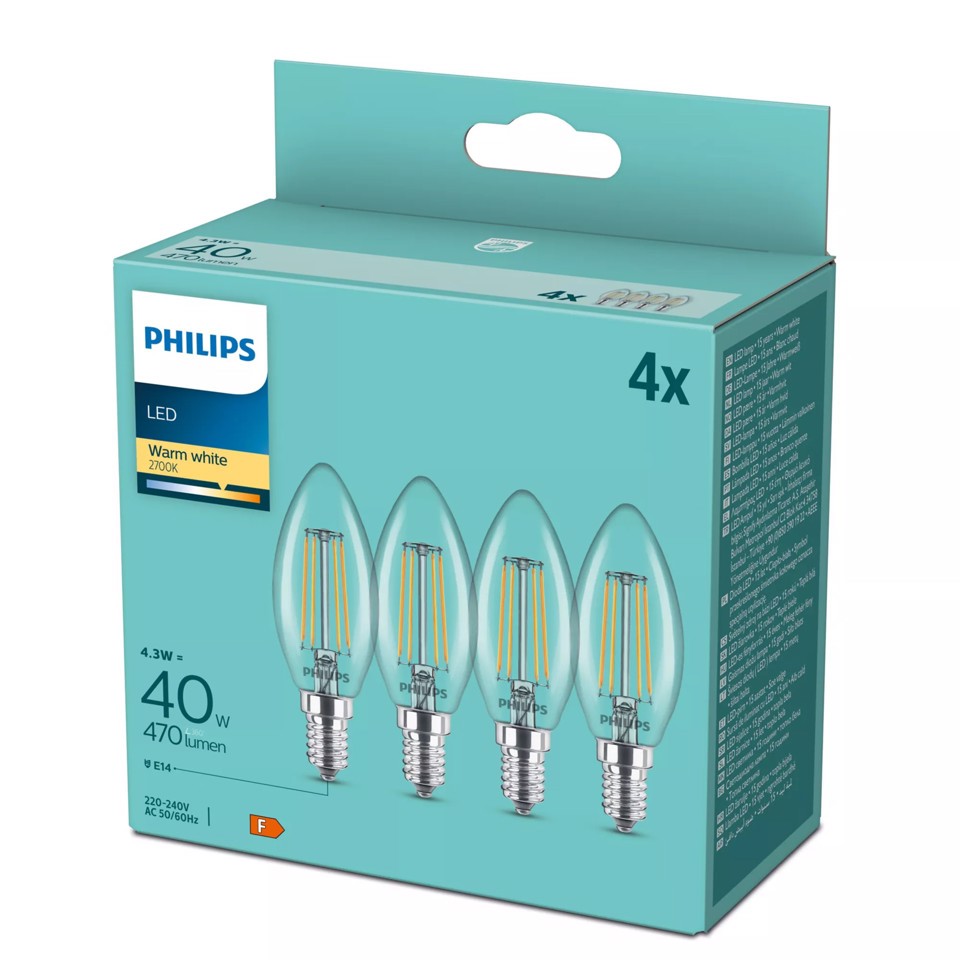 Philips Lampadina candela trasparente a filamento 40 W B35 E14 x4
