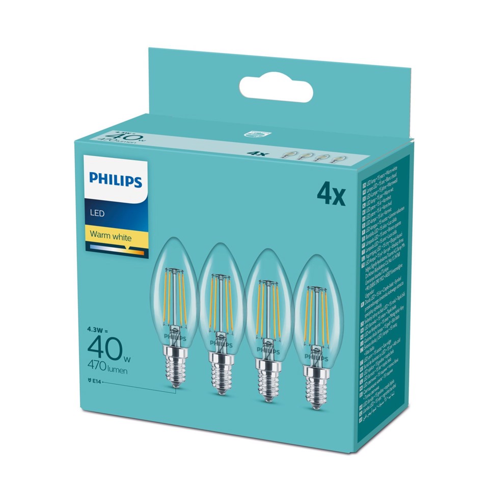Philips Lampadina candela trasparente a filamento 40 W B35 E14 x4