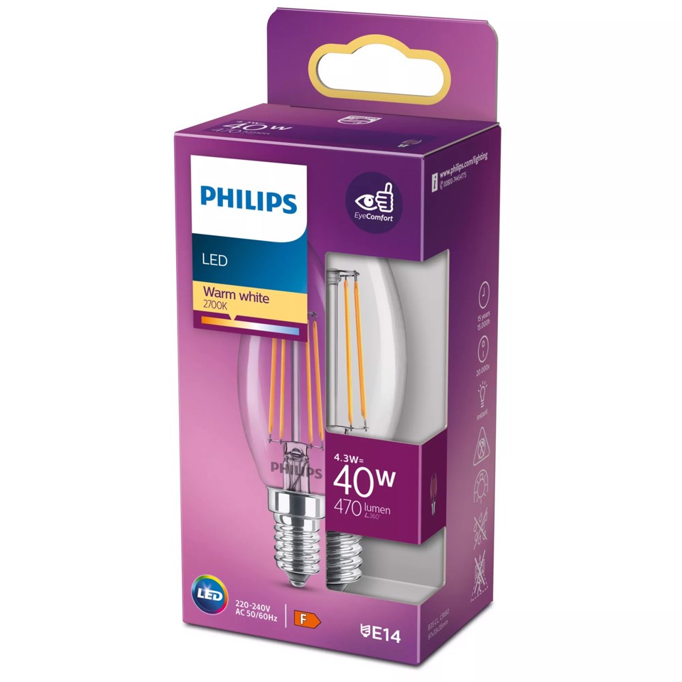 Philips Lampadina candela trasparente a filamento  - 40 W B35 E14